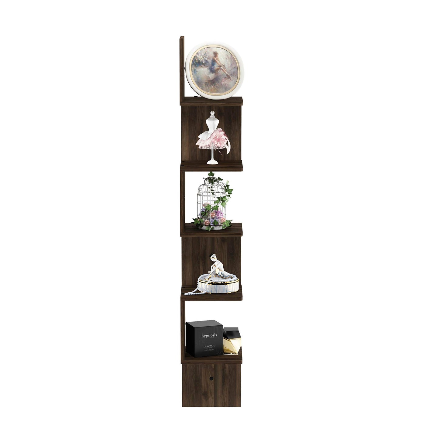 Furinno Rossi 5-Tier Wall Mount Floating Corner Square Shelf, Columbia Walnut