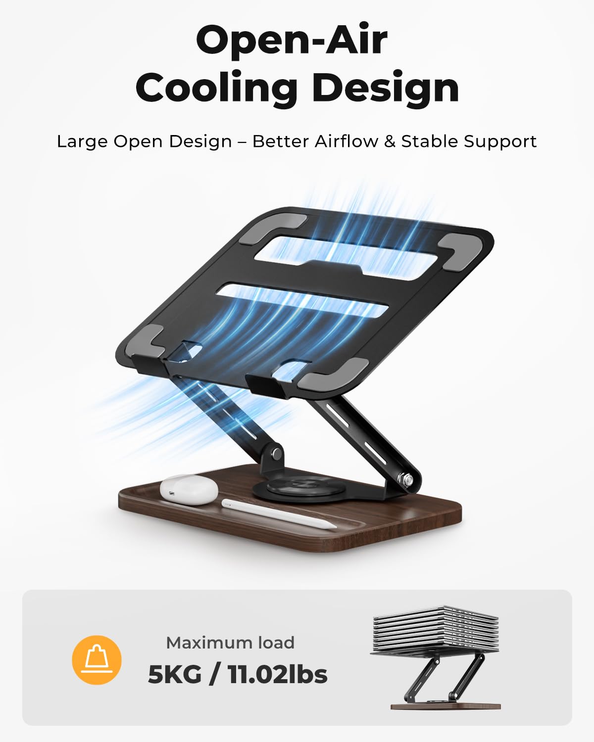 SupeDesk Adjustable Laptop Stand with 360° Rotating Base, Ergonomic Laptop Riser for Desk, Ventilated Notebook Stand with Storage Tray, Wood Base & Silicone Pads for Laptops, Tablets & Books