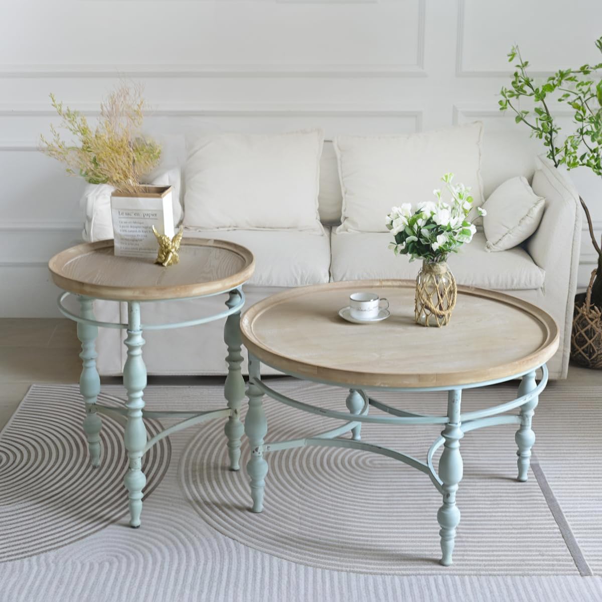 TIMBERMAVEN Rustic Farmhouse Round End Table, French Country Vintage Side Table,φ20.1'' x 23.6''H Rustic Solid Wood with Vintage Iron Legs, for Living Room, Bedroom, Small Spaces,Nature White