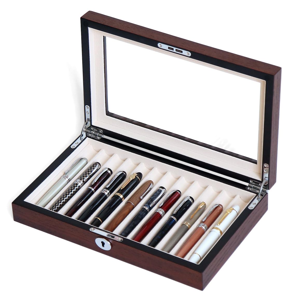 Besforu 12-Slot Fountain Pen Collector Case – Lockable Wooden Organizer with Glass Display Top, Premium Storage Box for Writing Instruments and Gift for Men