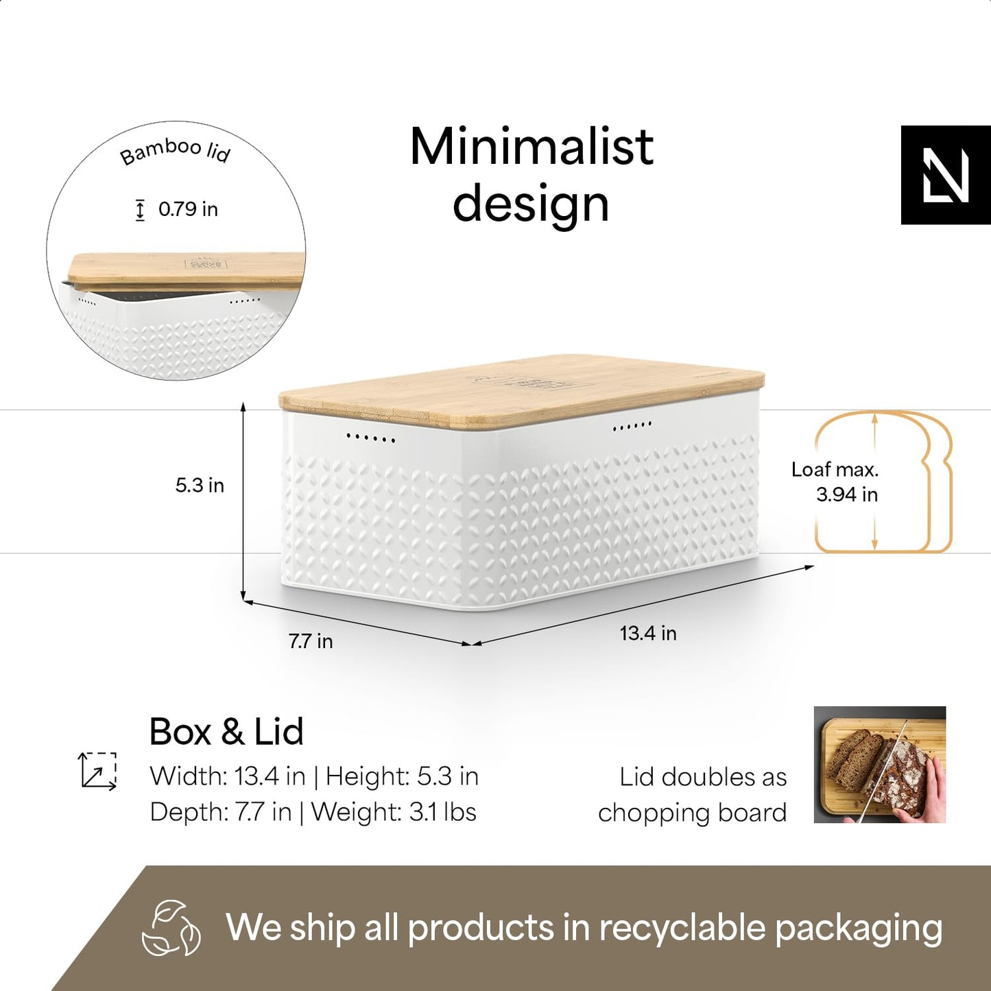 LARS NYSØM Bread Box I Metal Box for long lasting freshness I Bread Bin with bamboo lid usable as cutting board I 13.4x7.7x5.3In (Arctic White)