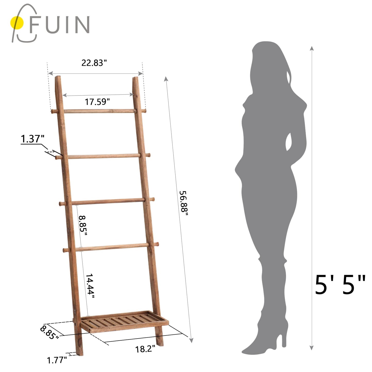 FUIN 5ft Wood Blanket Ladder with Bottom Shelf for Living Room Decorative Wall Leaning Farmhouse Quilt Display Holder Storage Rustic Wooden Towel Rack for Bathroom, Light Brown