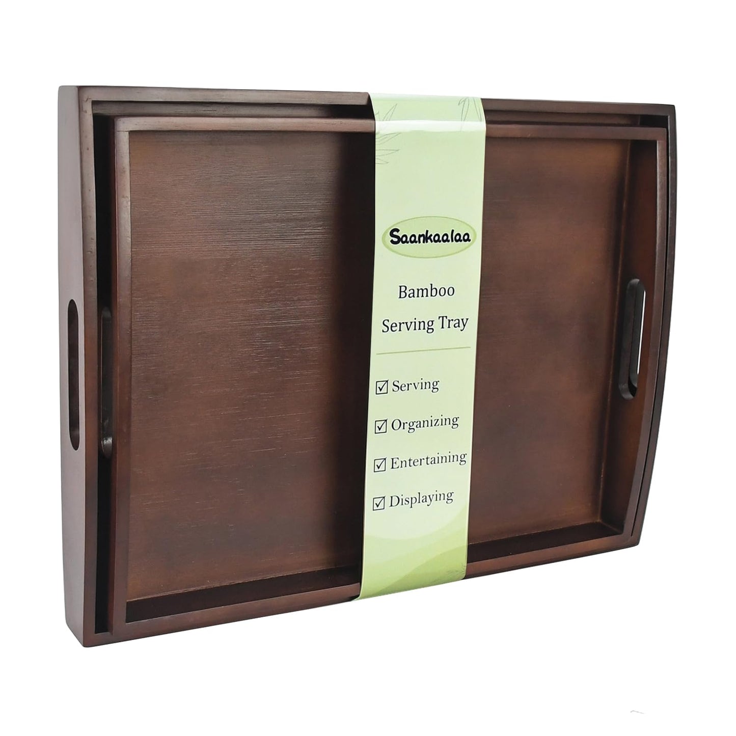 Bamboo Serving Trays with Handles, Set of 2 for Food & Coffee, Dark Brown