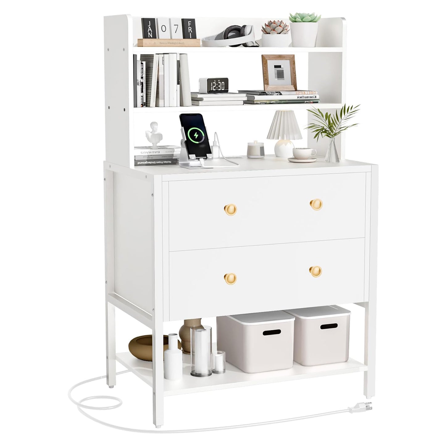 PATAVOT 24 Inch White Nightstand with 2 Drawers & Charging Station