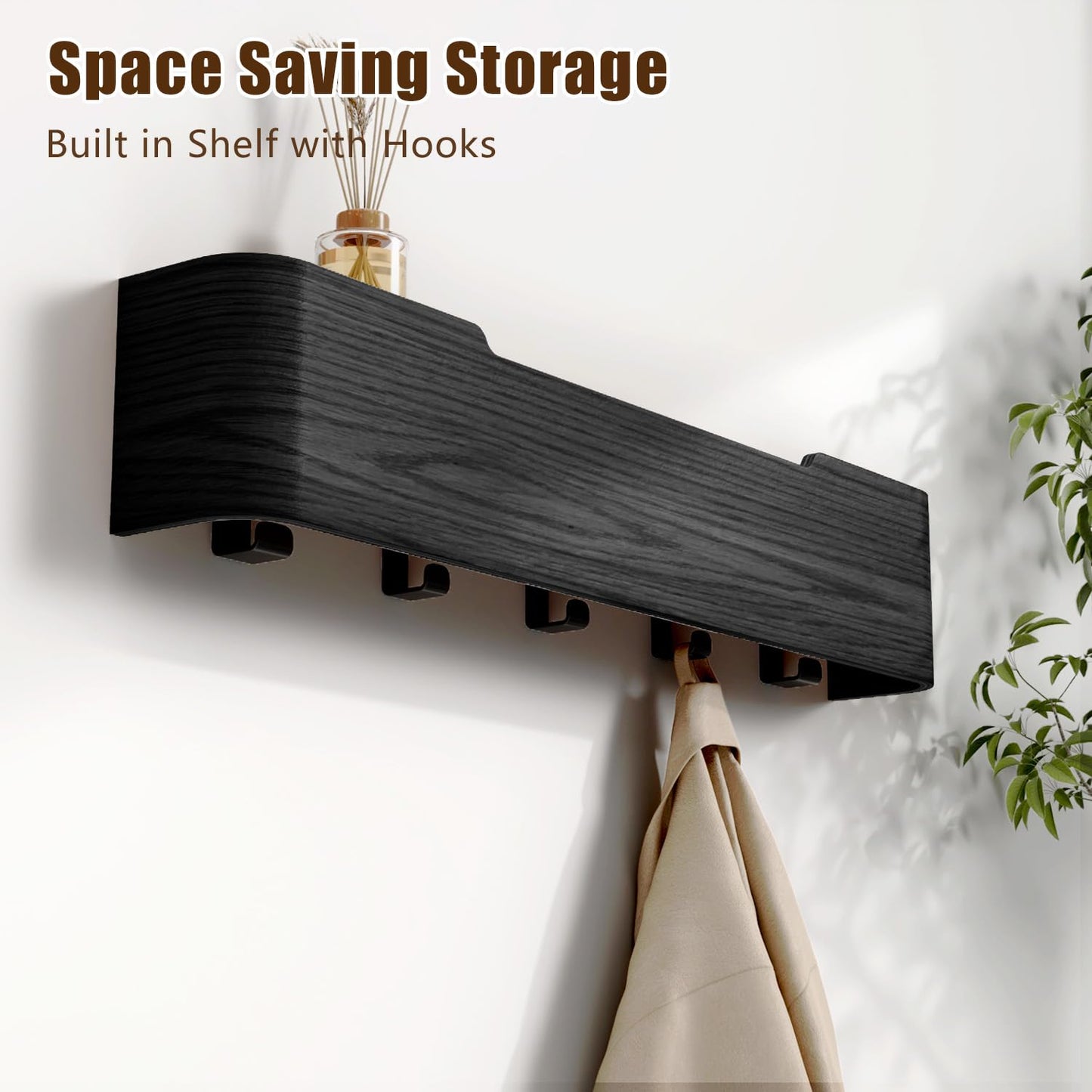 Nevsokio Coat Rack Wall Mount with Hidden Hooks, Wall Hooks with Shelf, Wall Key Holder Mount Wooden Shelf Entryway Hooks for Bedroom Bathroom for Hanging Coats Hats Bags Towels (Black, 5 Hooks)