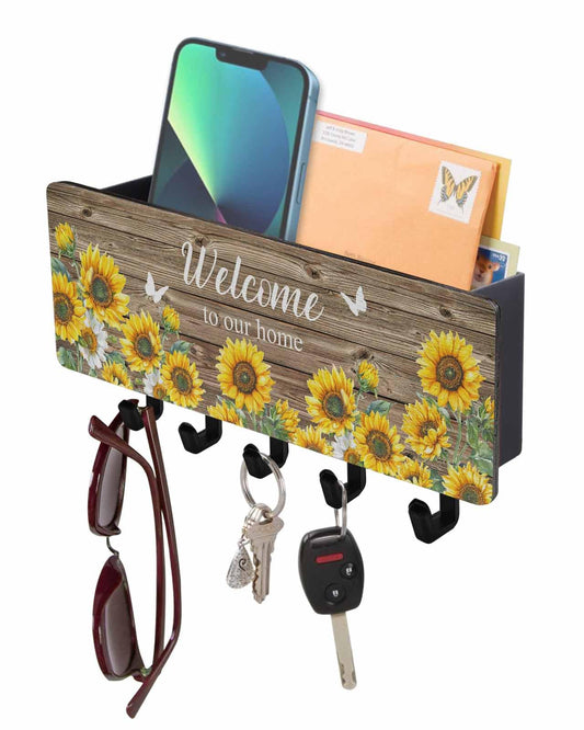 Home Sunflower Key Holder Wall Mount,Farmhouse Vintage Brown Wood Grain Black Hanging Mail Organizer with 5 Key Hooks Wall Decorative Adhesive Rack with Shelf for Hallway Kitchen Farmhouse Entryway