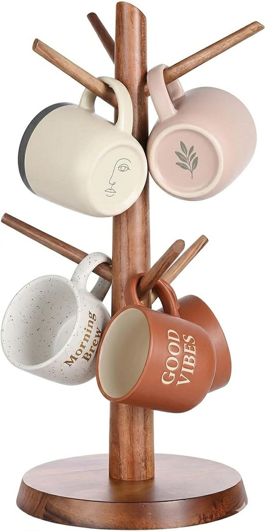 Onedeful Mug Holder Tree, Acacia Wood Mug Rack with Stable Base, 6-Hook Mugs Stand for Tea & Coffee Cups, Kitchen Countertop & Coffee Bar Organizer