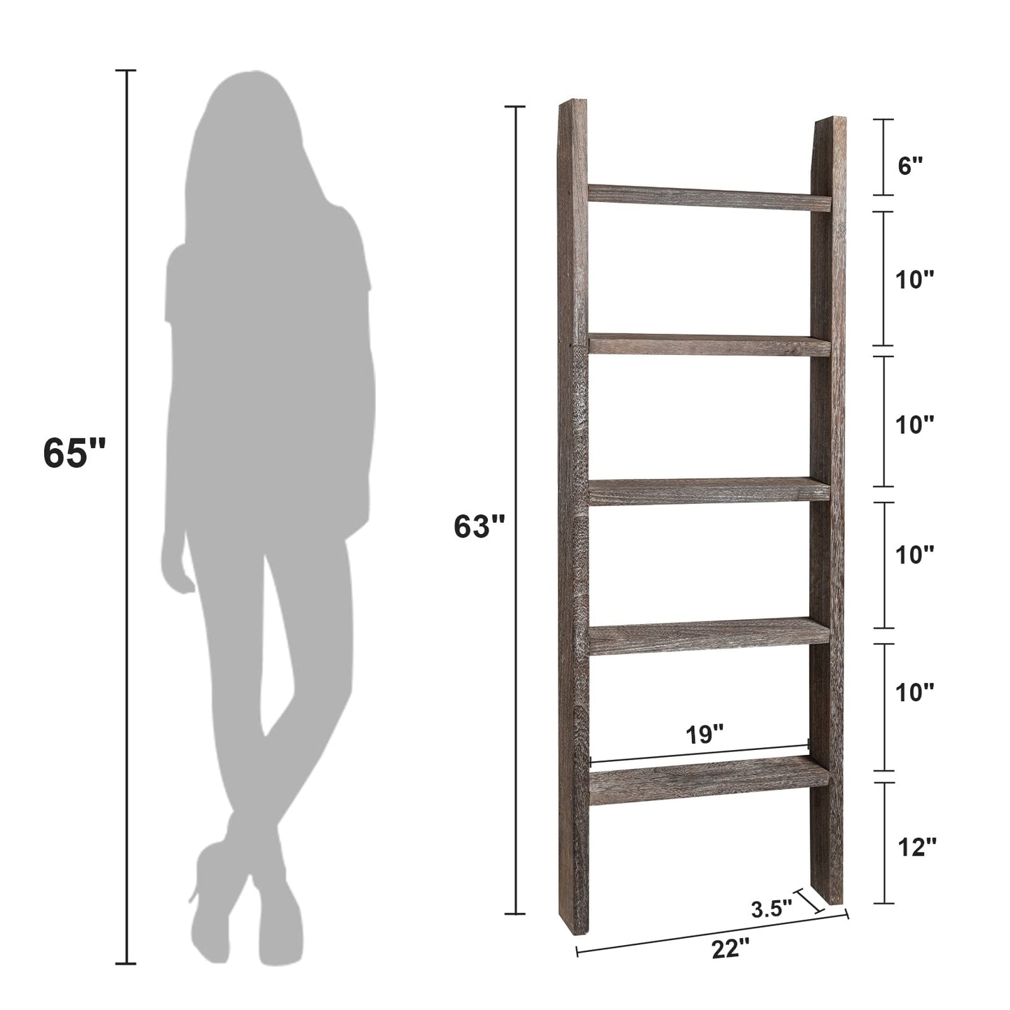 Natsukage Rustic Wooden Blanket Ladder - Farmhouse Decorative Ladder Shelf for Living Room, Bathroom, Bedroom (63" x 22", Rustic Walnut)
