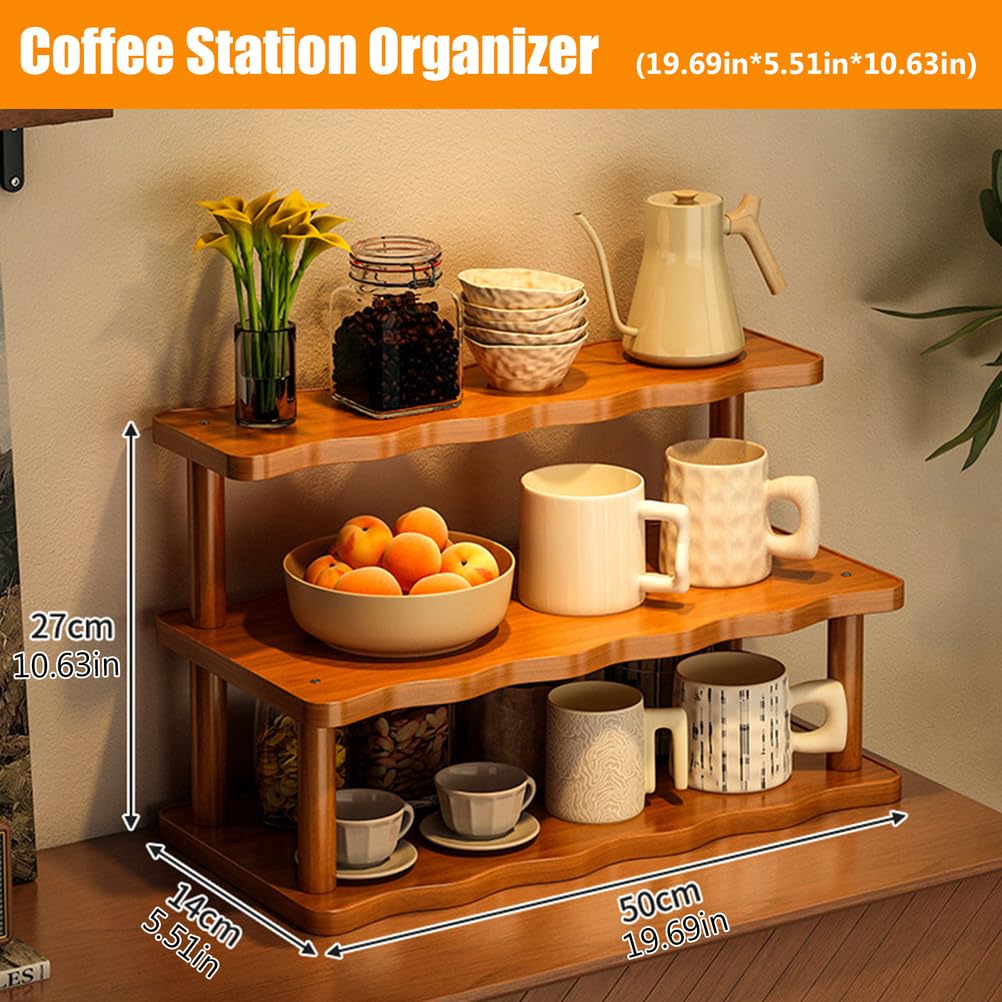 STEHEMO Wooden Mug Holder Countertop, Coffee Station Organizer, Counter Shelf for Tea Coffee Bar Accessories, Matcha Stand, Cup Display, Kitchen Condiment Storage Rack,3tier,19.69IN