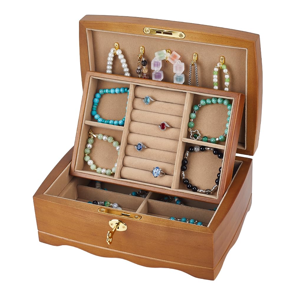 MAYJOYDIY Wooden Jewelry Box with Lock Retro 2 Layer Jewelry Storage Box with 2 Keys 9.8x6.9x3.9 Jewelry Organizer with Removable Tray for Home Vanity
