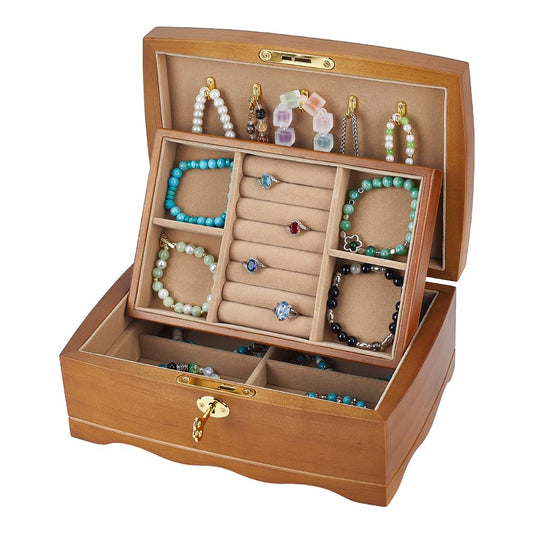 MAYJOYDIY Wooden Jewelry Box with Lock Retro 2 Layer Jewelry Storage Box with 2 Keys 9.8x6.9x3.9 Jewelry Organizer with Removable Tray for Home Vanity