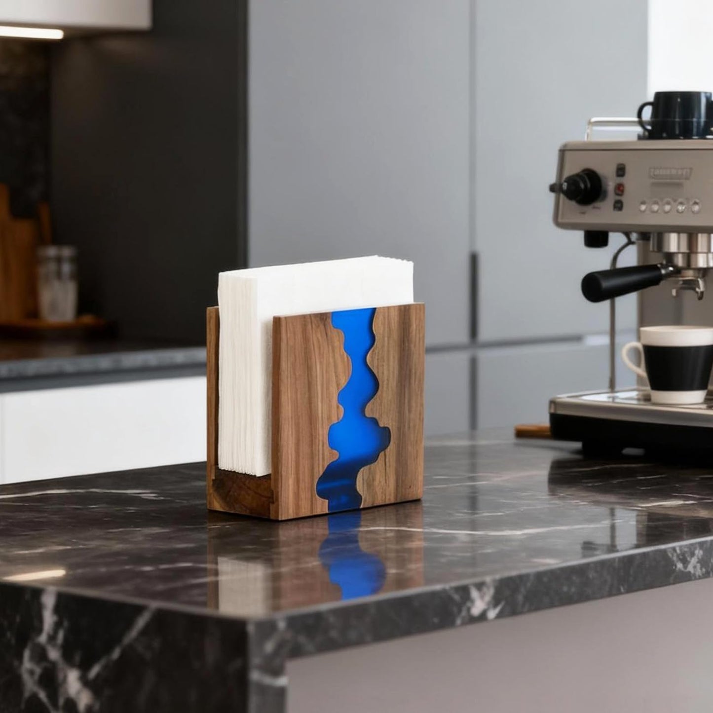 Artistic Napkin Holder, Acacia wood & Epoxy resin Napkin holder for table, Thickened Non-Slip Base for Kitchen Countertop, restaurant or outdoors,Modern Tabletop Decor
