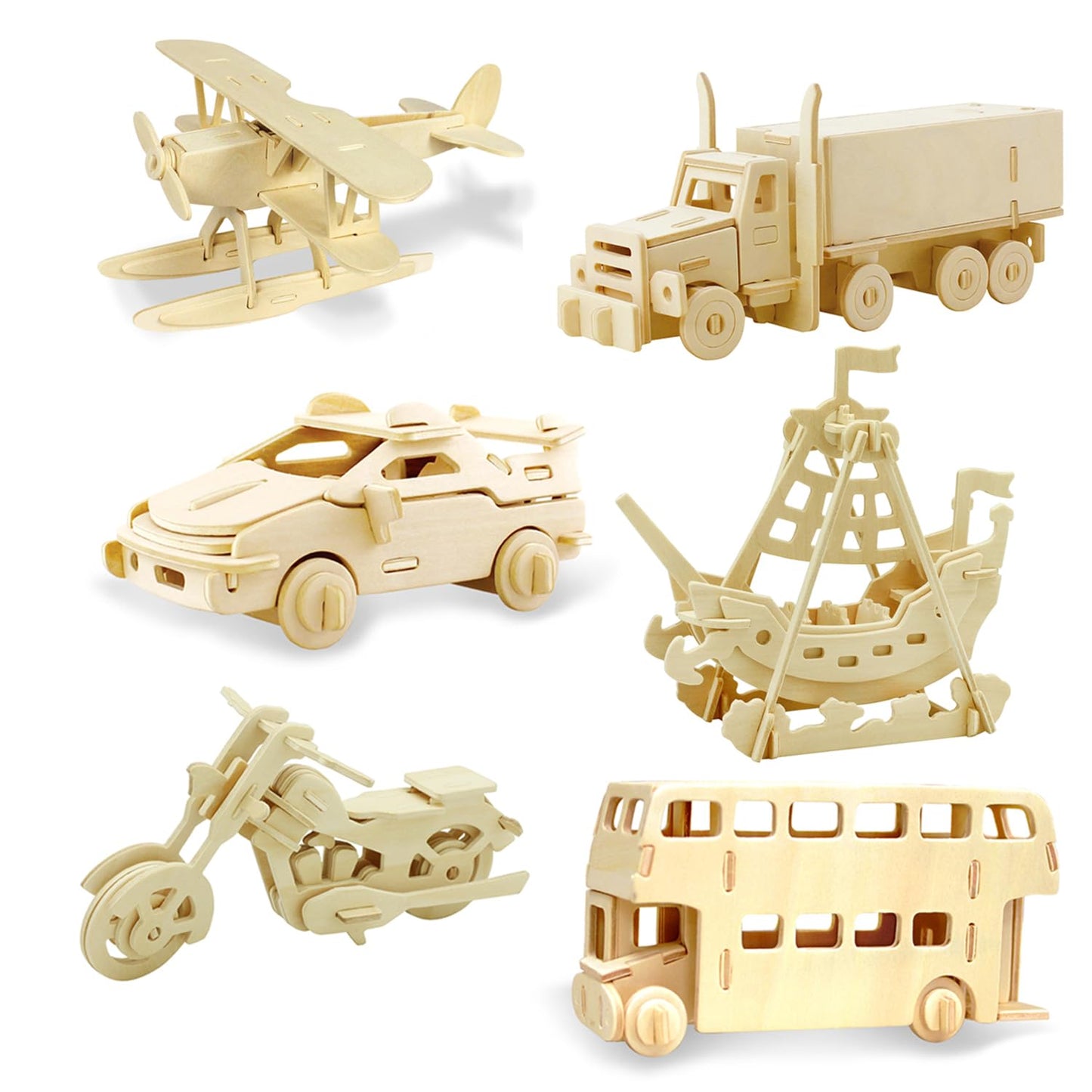 Georgie Porgy 3D Wooden Puzzles for Kids Toys Construction Woodcraft Kits DIY Model Puzzle Kits Birthday Gifts Pack of 6 (Airplane Bus Sports Car Pirate Ship Truck Motorcycle)