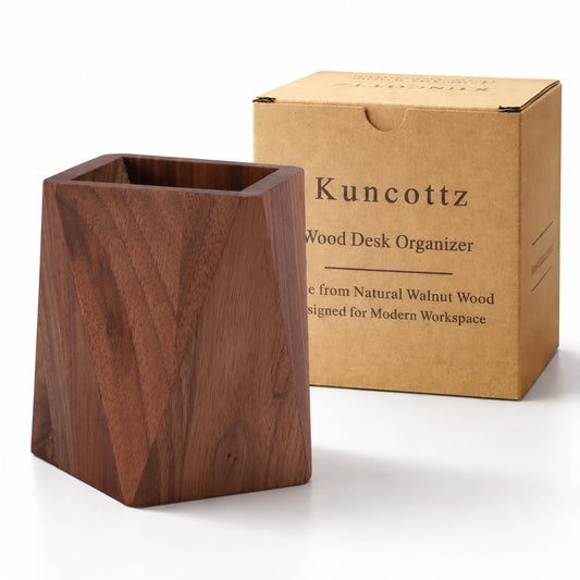 Kuncottz Black Walnut Wood Pen Holder for Desk, Modern Wooden Pencil Cup Organizer for Office Supplies, Luxury Desk Accessories for Home Office Decor