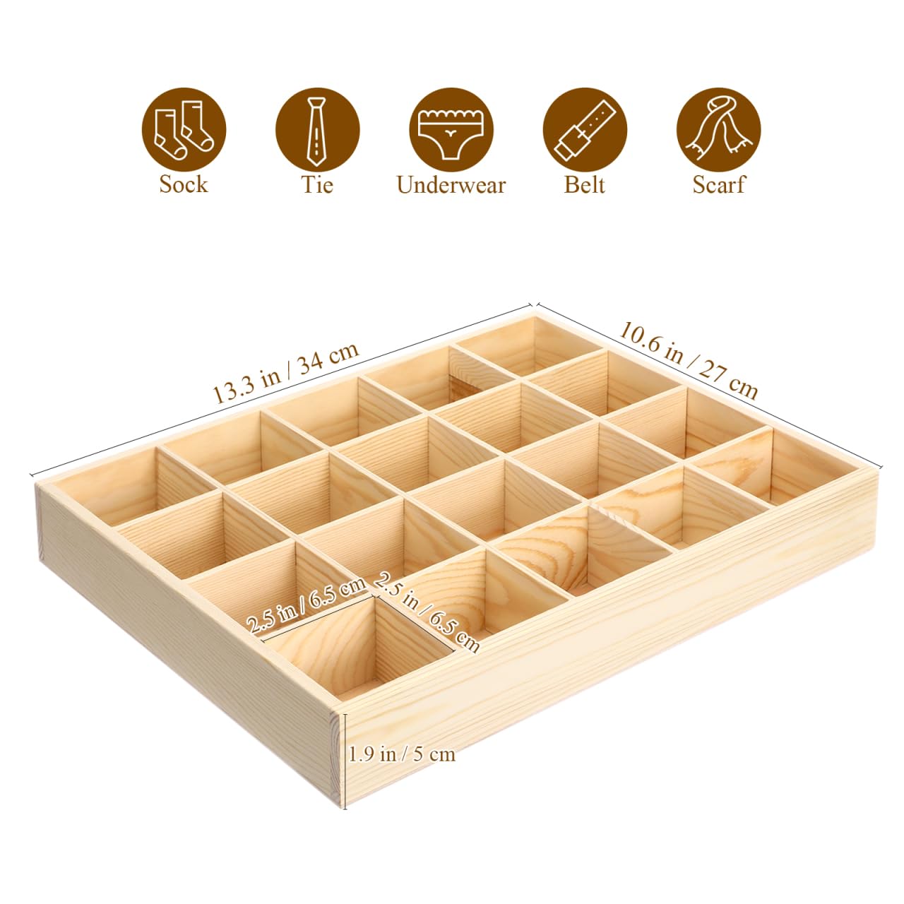 Cabilock 20-Compartment Wooden Drawer Organizer - 13x11 inch Solid Pine Wood Shallow Socks and Underwear Divider, Stackable Small Items Storage Tray for Dresser & Closet (2.37" Grid)