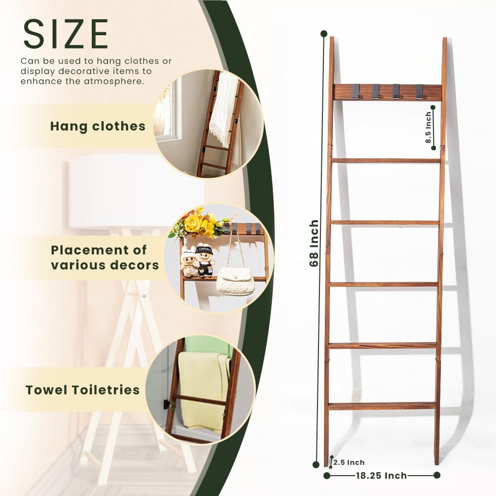 Wooden Blanket Ladder for Living Room 6-Tier, Decorative Ladder Blanket Rack & Quilt Ladder Decor, Rustic Farmhouse Wood Ladder with Removable Hooks, Anti-Slip Sturdy Blanket Holder, 68 Inch, Brown