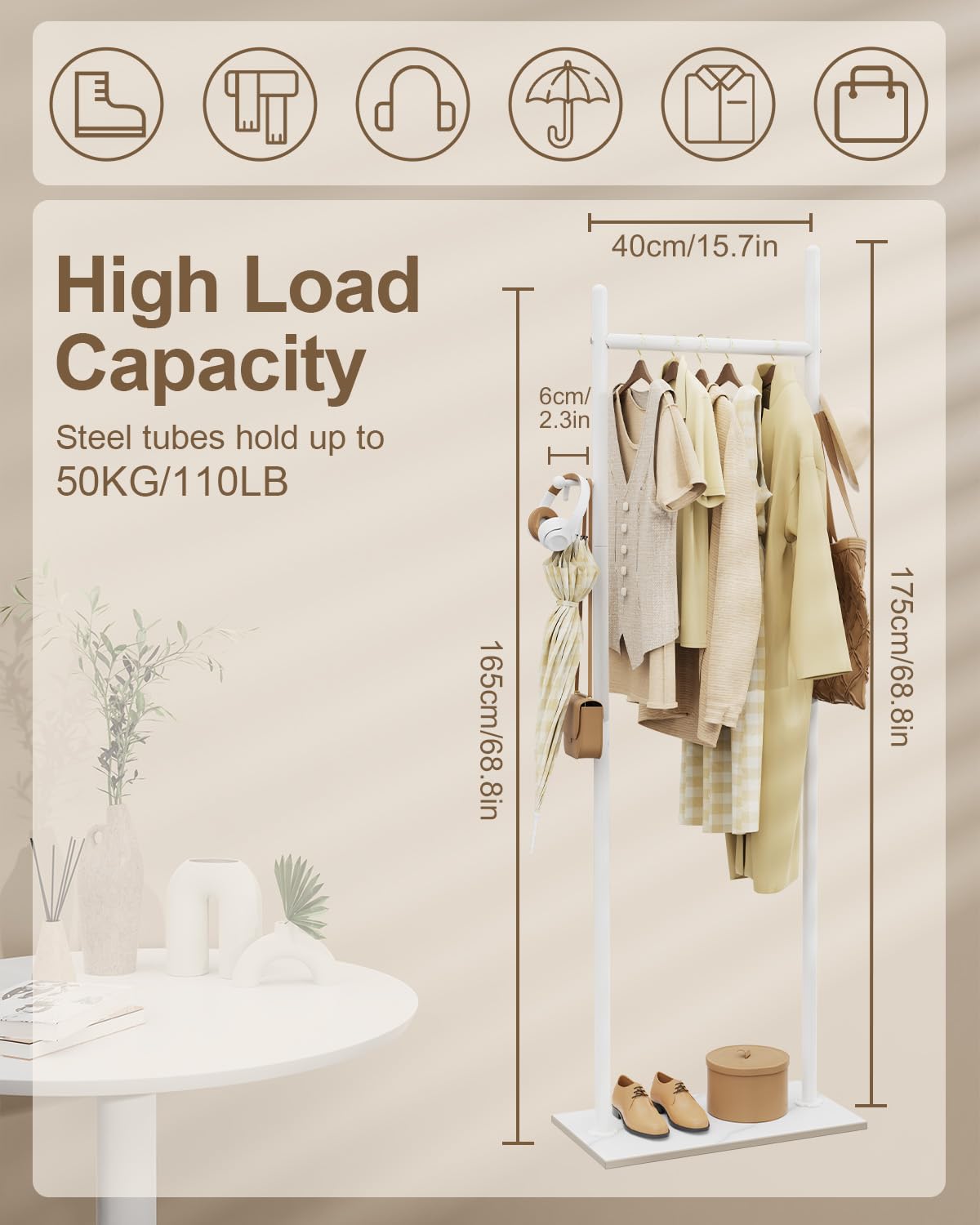 GUOHNHE Large Metal Coat Rack Freestanding, Modern Coat Hanger Stand with 2 Hooks and Heavy Rock Slab Base, Industrial Clothes Rack, Garment Rack, 19.7 x 11.8 x 68.9 In, White, GYJ202MW