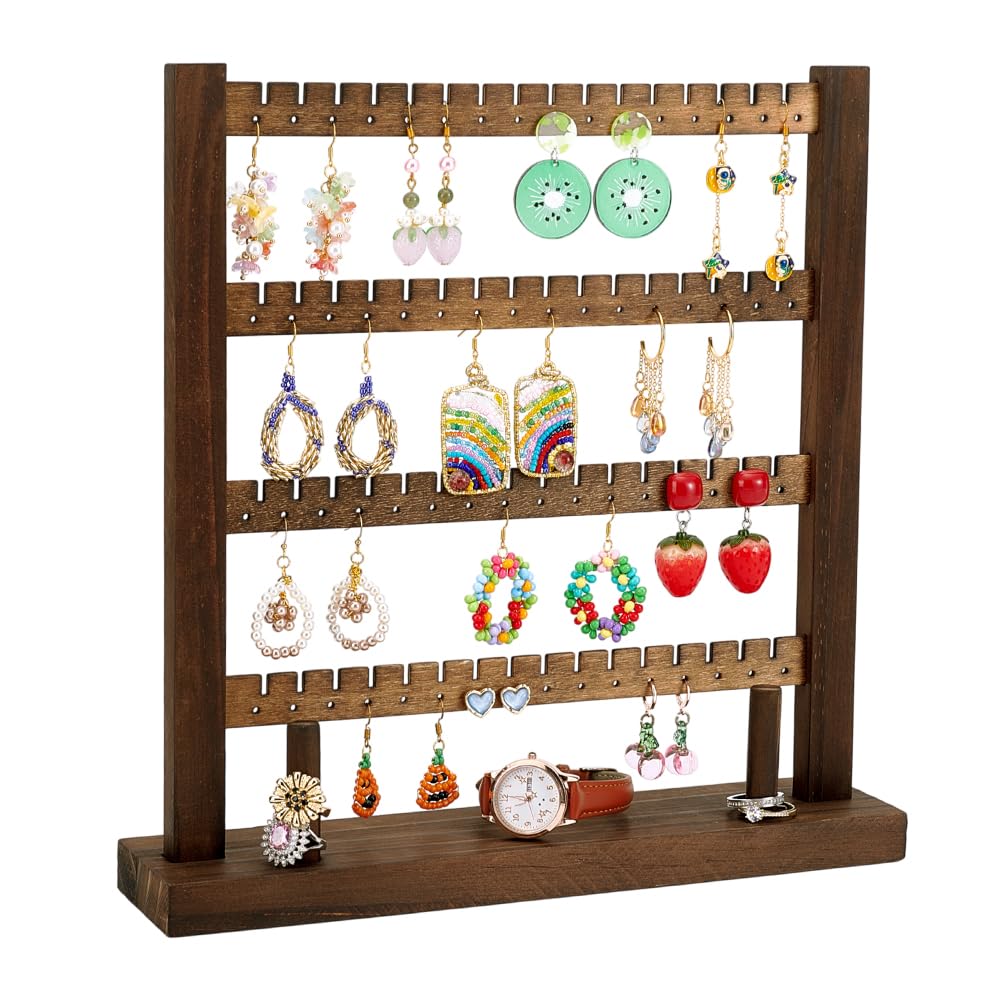 PH PandaHall Wood Earring Display Stand, 4 Tier Wooden Stud Earrings Tower Stand Earring Holder Tabletop Jewelry Organizer Rack Jewelry Display for Vendors Selling Craft Show Jewelry 128 Earrings