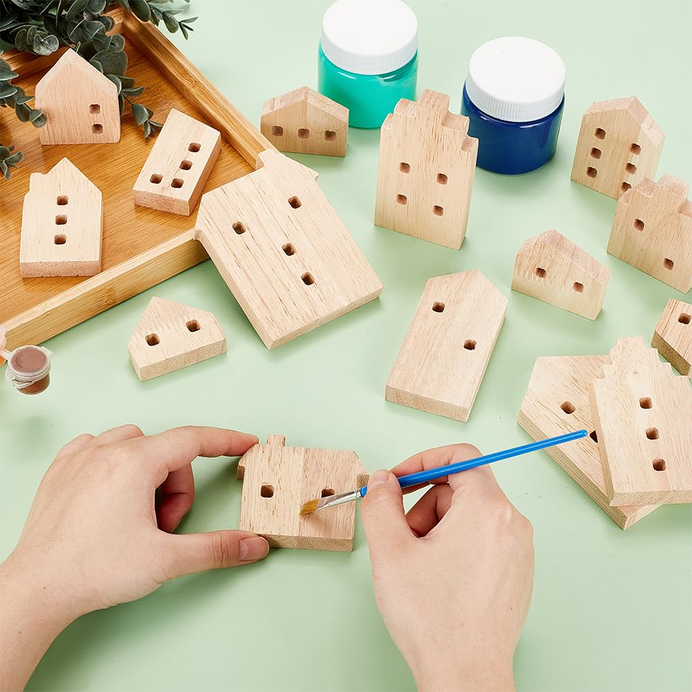 OLYCRAFT 15Pcs Unfinished Wooden House Shaped Blocks House Blank Wood Cutouts Wood Blocks with Hole Wooden Display Decoration Pieces for Home Kitchen Office Shelf Coffee Bar Decor -15 Styles
