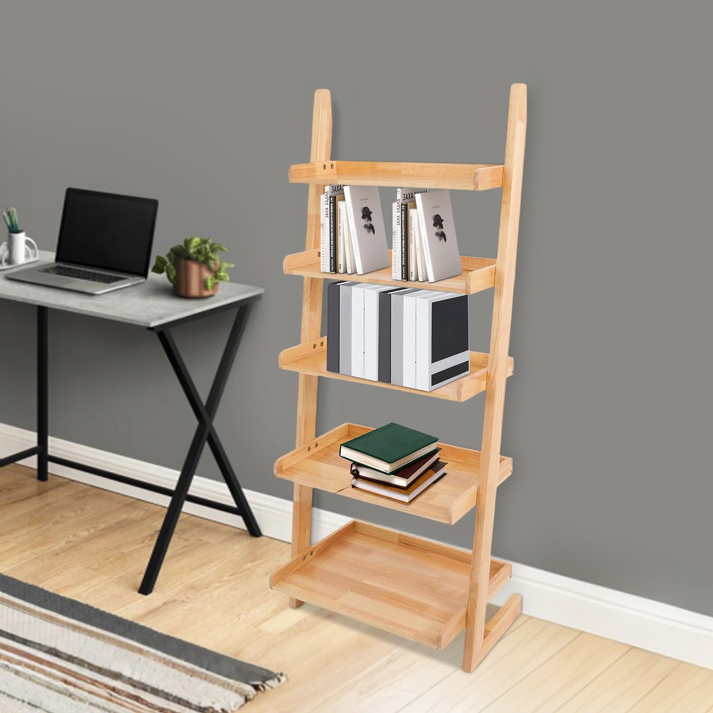 awolsrgiop Ladder Bookshelf, 5 Tier Leaning Bookshelf Leaning Ladder Shelf with Stable Structure Rustic Style Ladder Shelves Storage Rack for Living Rooms, Bedrooms, Study Rooms (Wood Color)