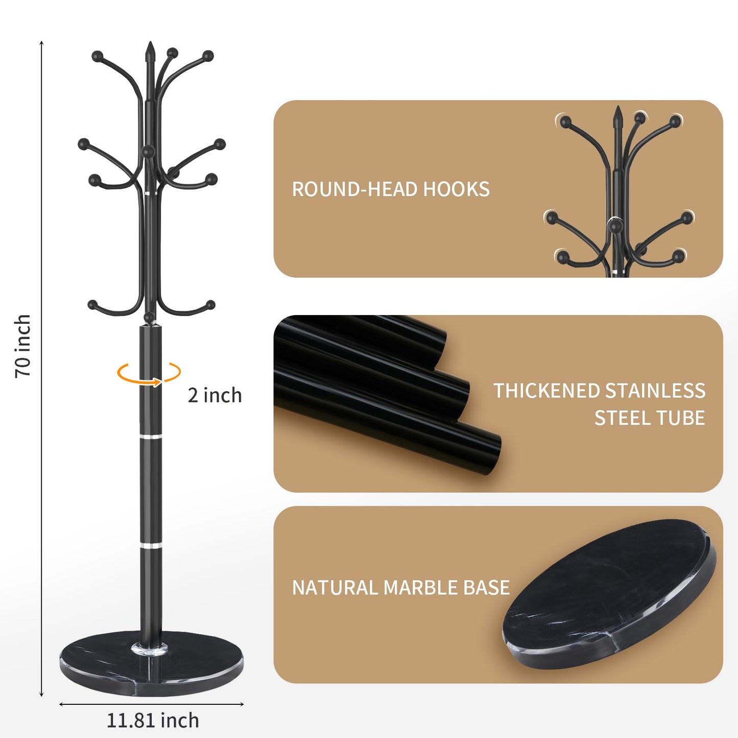 LOZABEE Metal Coat Rack Stand, Modern Freestanding Coat Rack with Natural Marble Base, Black Coat Racks and Coat Hall Tree Hanger Stand with 12 Hooks for Entryway, Hallway, Office