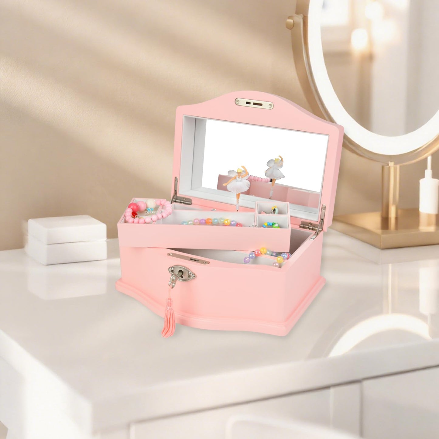 Elle Jewelry Box - Ballerina Jewelry Organizer and Swan Lake Wind-Up Music Box for Girls and Teens, Accessories and Keepsake Wooden Storage with Lock and Mirror, Charming Room Decor and Gift, Large