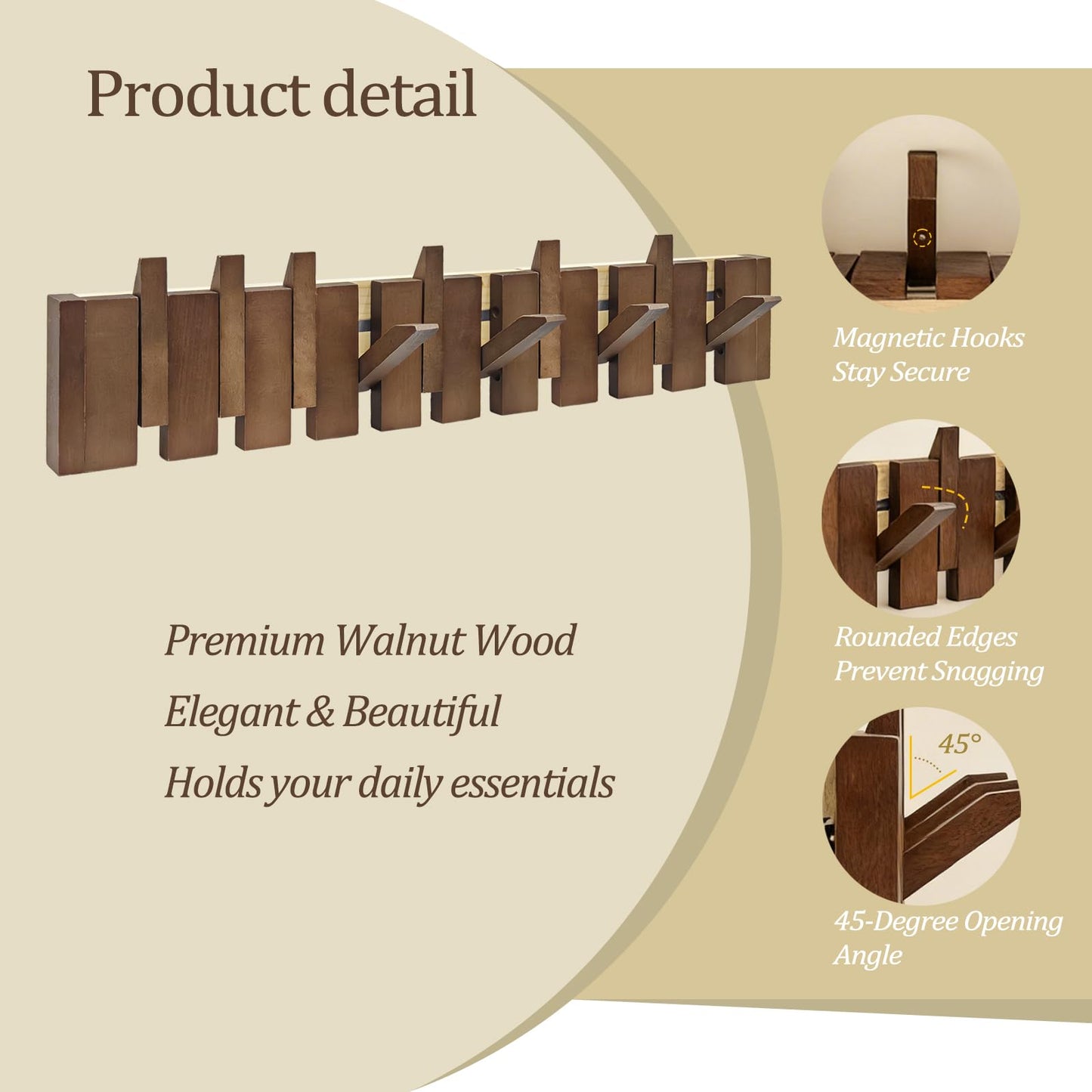 ZOESEEK 26.8" Wooden Piano Key Coat Rack Wall Mounted, 10 Hooks Natural Walnut Wall Coat Rack, Wall Mounted Coat Rack for Hanging Coats/Hats/Keys/Towels/Bags
