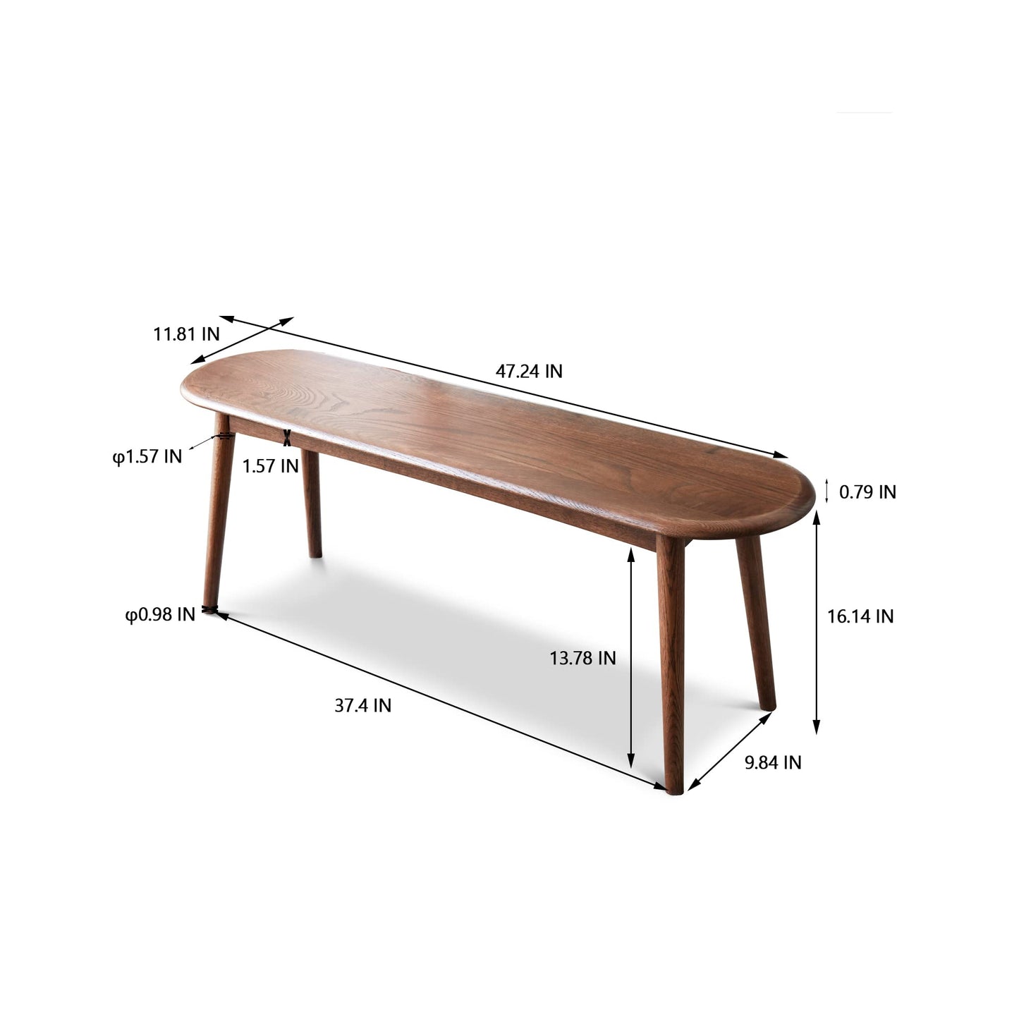KEIKI Natural Oak 100% Solid Wood for Dining Bench Table Bench for Living Room 47.2"x 11.8"x16.1",Walnut