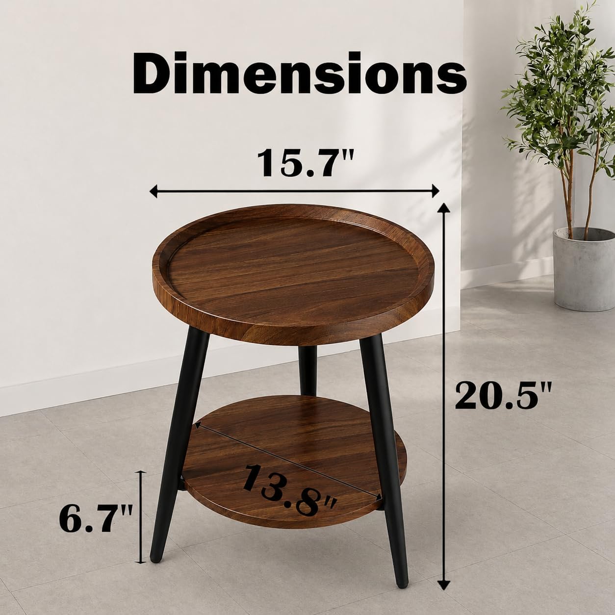 FANTERSI Small Round Side Table, 2-Tier Mid Century Modern Side Table, Round End Table Small End Table for Living Room, Metal Frames, Brown