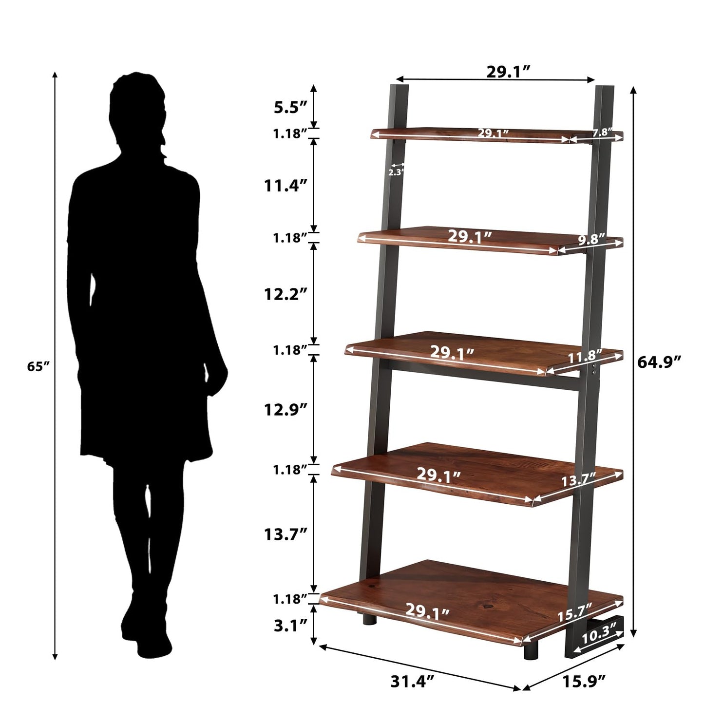 IBF 5-Tier Solid Wood Ladder Bookshelf with Natural Live Edge