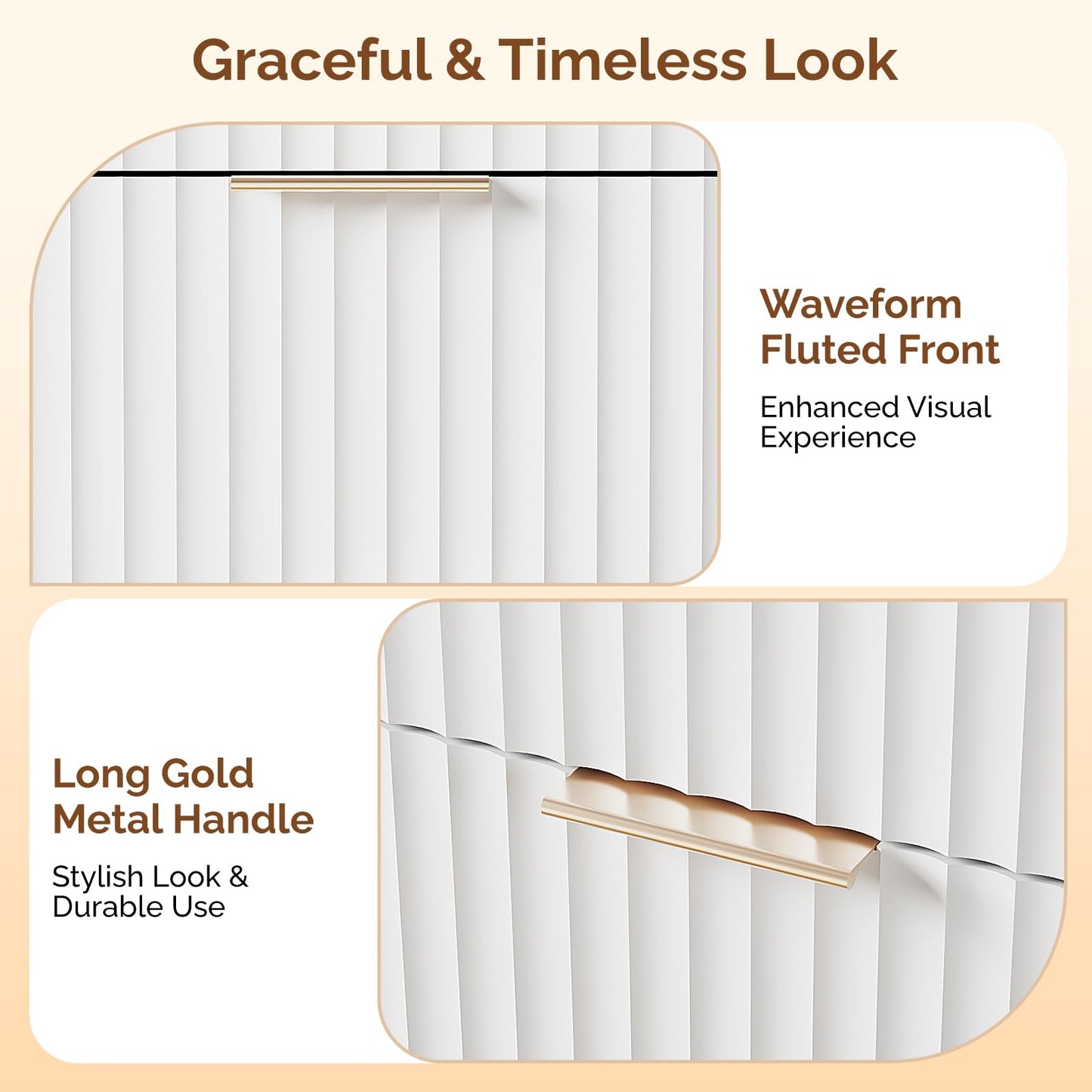VINGLI 9 Drawer Dresser White Fluted Dresser for Bedroom with Rounded Edges, 57" Long Wood Dressers White and Gold, 57" W*15.75" D*29.92" H