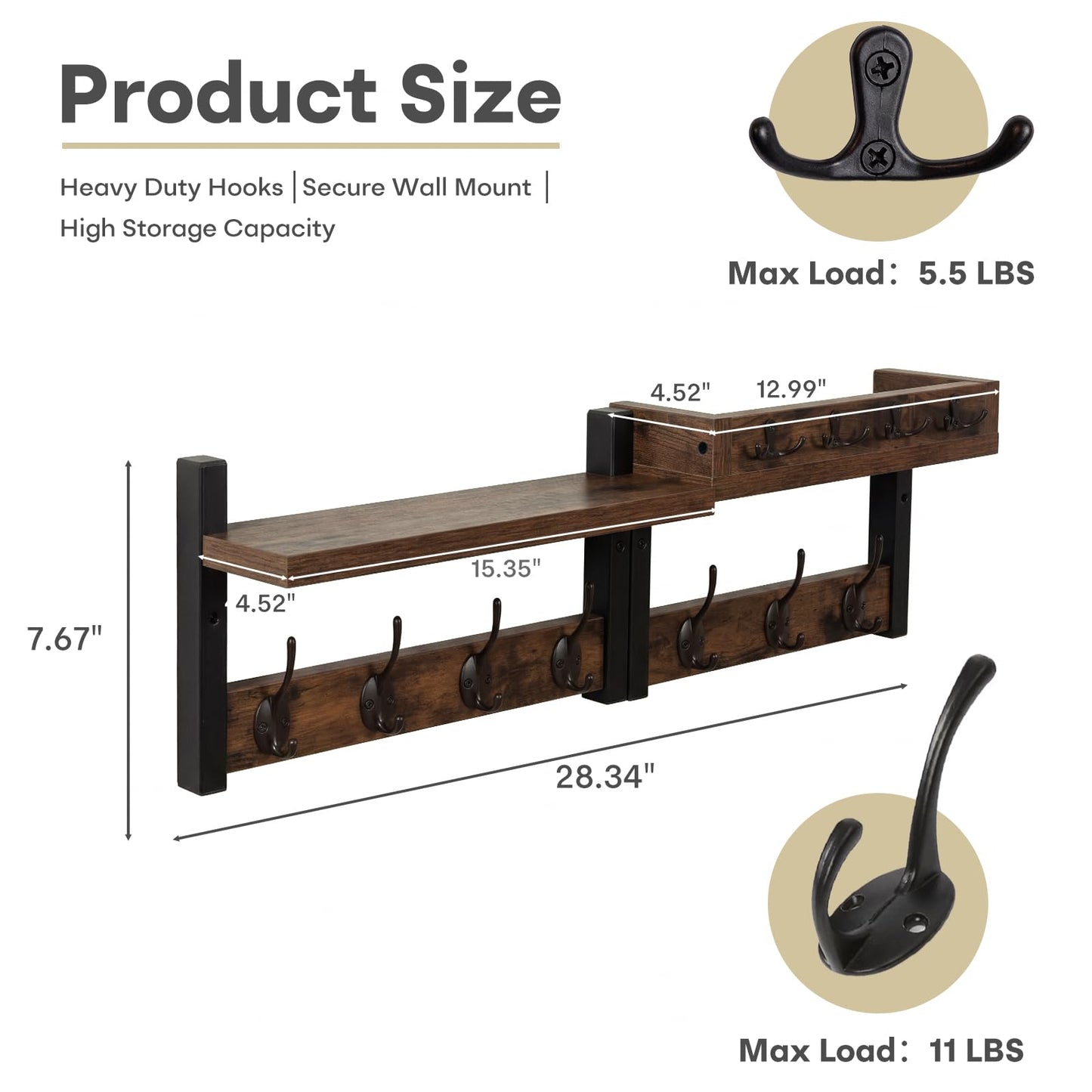 LIONUNCLE Coat Rack Wall Mount with Shelf & Mail Organizer,29 Inch Wall Shelf with 7 Coat Hooks and 4 Key Hooks for Entryway,Living Room,Bedroom,Offices(Rustic Brown)