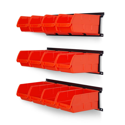 Ultrawall Wall Mounted Storage Bins, Plastic Hanging Storage Organizer Bins, Garage Tool Storage System for Screws, Nuts, Bolts, Nails, and Small Hardware Parts, 12x bins & 3 x rails, Orange