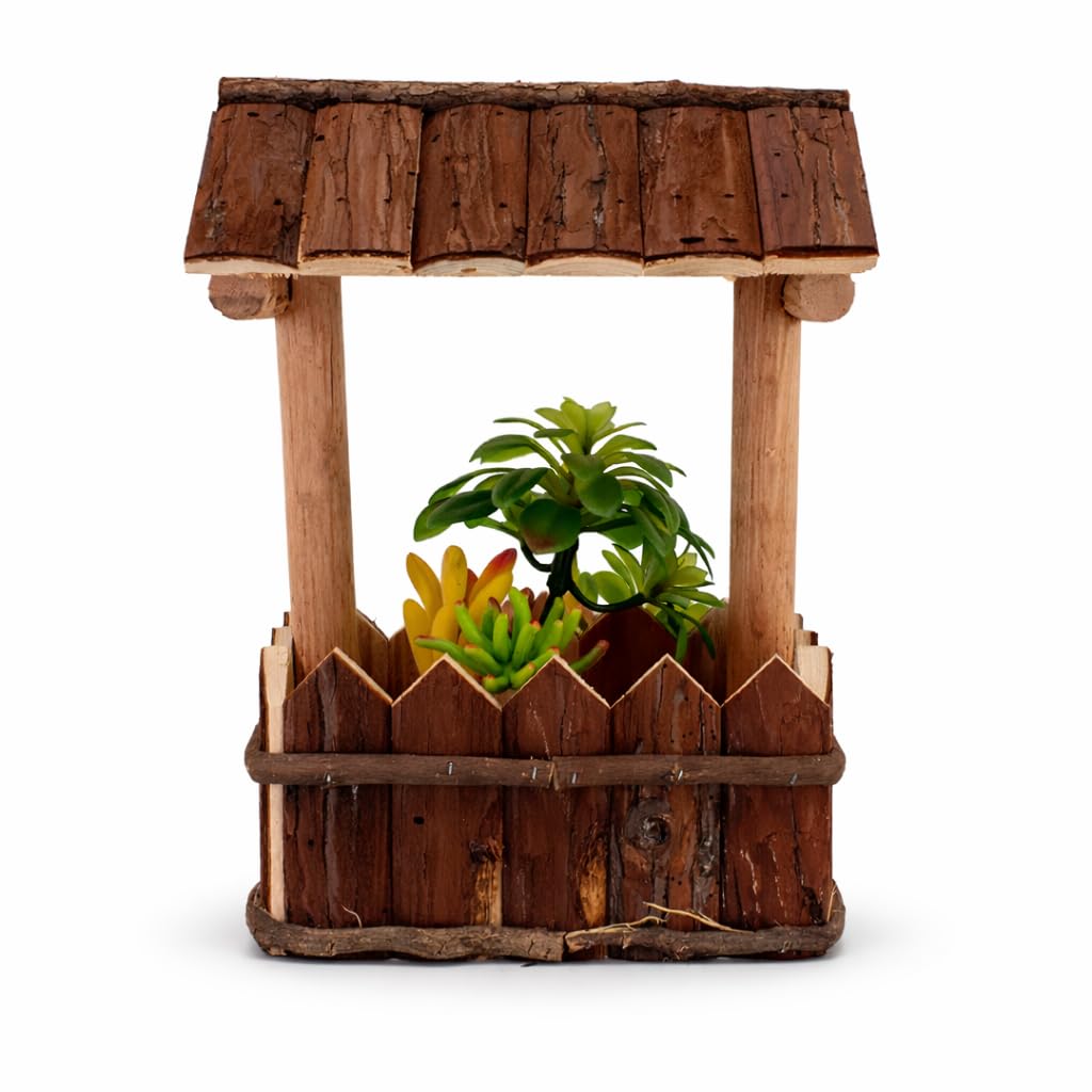 HORTICAN Mini Wooden Wishing Well Planter, Rustic Tabletop Succulent Holder, Farmhouse Plant Decor Gift for Shelf, Porch, Balcony & Indoor Display, 13x9.25x5.7 in