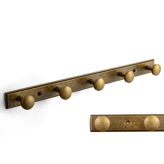 Goo-Ki Antique Brass Coat Rack Wall Mount, Heavy Duty Zinc Wall Mounted Coat Hooks with Escutcheon Backplate, Vintage Hat and Towel Hanger Rail for Entryway, Bathroom and Mudroom (5 Hooks)