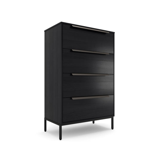 tinge Lira Premium 4 Drawer Fabric Dresser - Engineered Wood Frame Chest of Drawers for Bedroom - Strong & Sag-Proof Clothing Organizer with Sleek Metal Handles (Black)