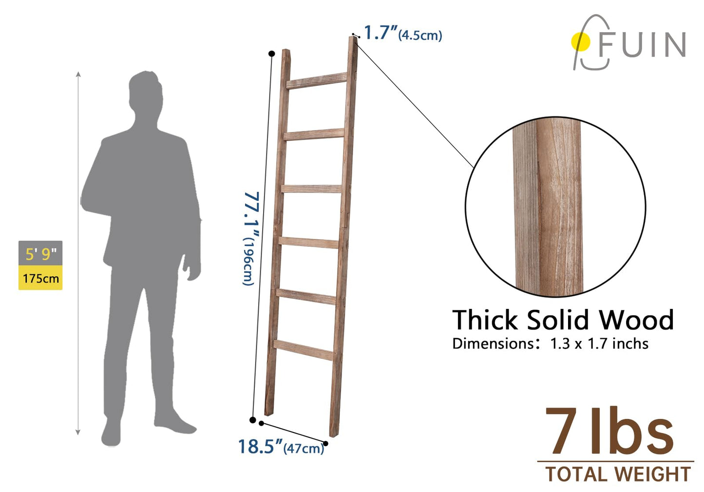 FUIN 6.4ft Extra Wide Wooden Blanket Ladder Living Room Decorative Wal Leaning Farmhouse Quilt Display Holder Rustic Wood Towel Rack for Bathroom, Burnt Brown, 18.5 inch Wide