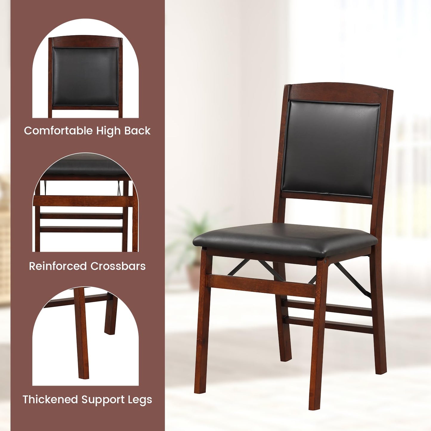 COSTWAY Folding Dining Chairs Set of 2, Wooden Kitchen Side Chairs w/Padded Seat, Solid Wood Frame, 400 LBS Load Bearing, No Assembly Needed, Vintage Foldable Chairs for Dining Room, Living Room