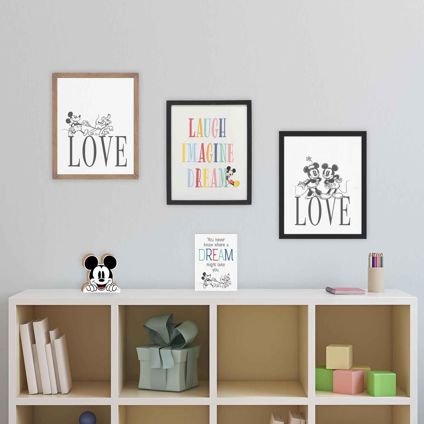 Disney Mickey Mouse Head Shelf Sitter Decor - Chunky Wood Block Cutout for Kids' Bedroom, Play Room or Office