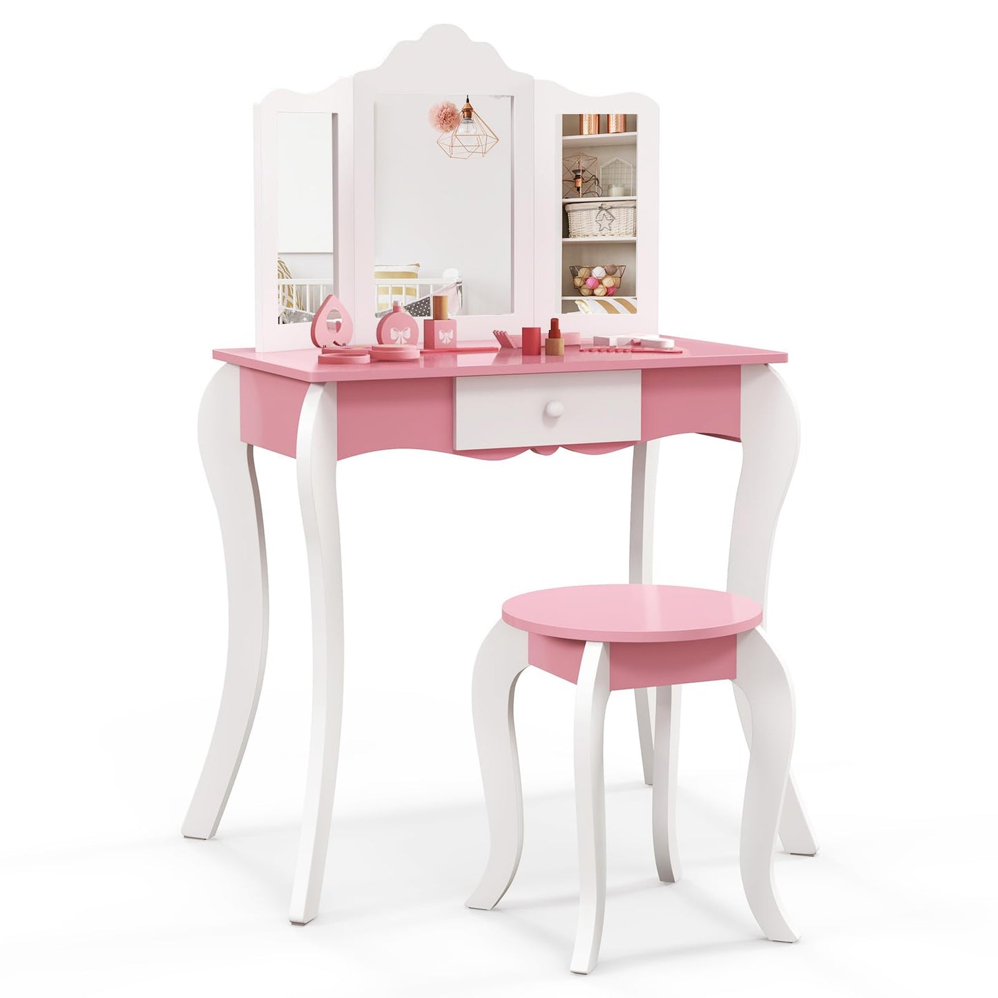 HONEY JOY Kids Vanity, Toddler Wooden Makeup Vanity Table & Chair Set, Tri-Fold Princess Mirror, Little Girls Vanity Set with Mirror and Stool (Pink)