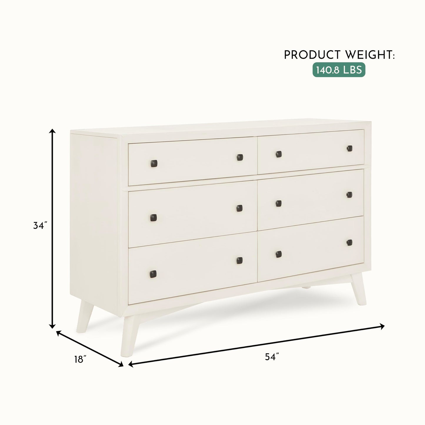 Evolur Loft Antilia Mid-Century Double Dresser in Vanilla Bean, 6 Spacious Drawers, Comes Fully Assembled, Included Anti-Tipping Kit, Wooden Nursery Furniture