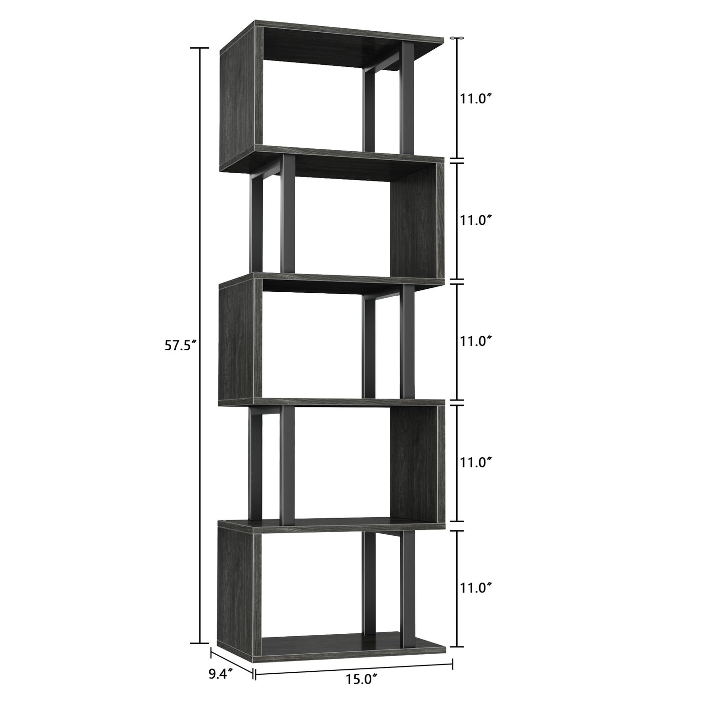 Furologee 6 Tier Bookshelf Tall Geometric Bookcase, S Shaped Industrial Display Standing Shelf, Metal and Wood Decorative Storage Room Divider Rack for Bedroom, Living Room, Office, Light Black Oak