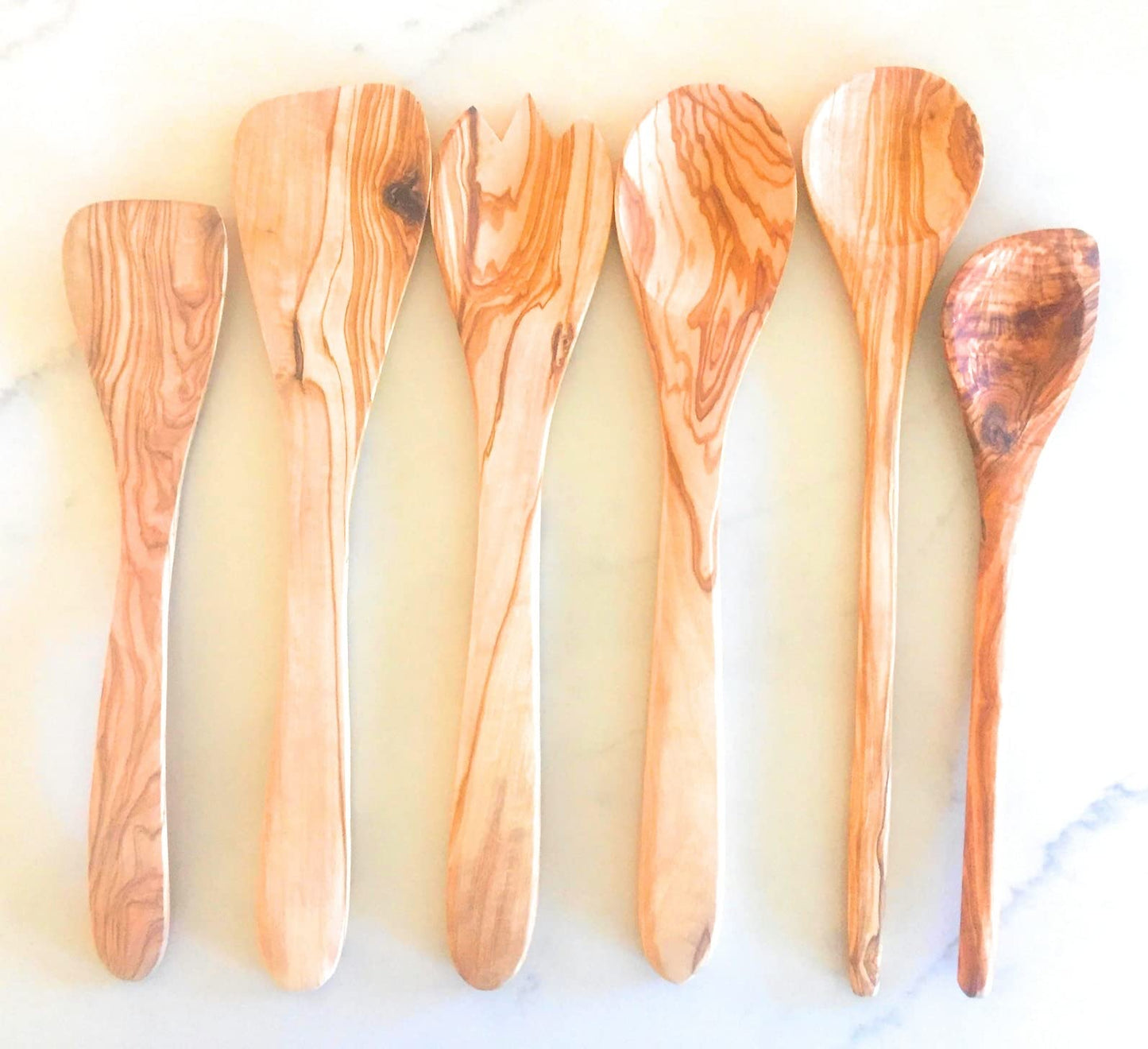 ORCHARD HARDWOODS Bundle: 11" Solid Artisan Olive Wood Salad Bowl + 6 Pc Olive Wood Utensil Set
