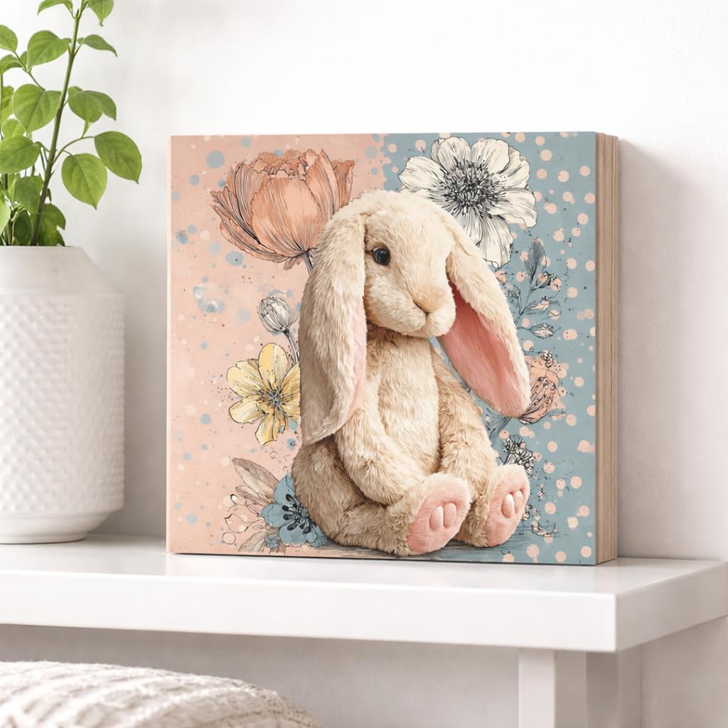 Easter Bunny Wooden Block Sign, Cute Floral Spring Farmhouse Decor Shelf Sitter for Table Mantel Tiered Tray, Pastel Easter Home Accent Gift