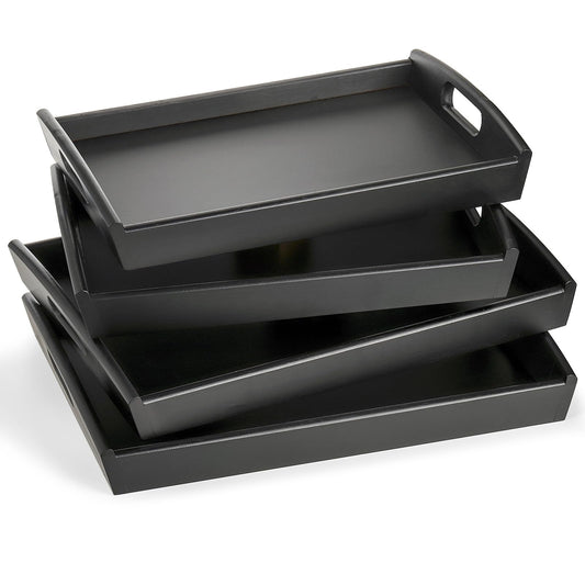 Peohud 4 Pack Bamboo Serving Tray, Kitchen Food Tray with Handles, Wooden Trays for Eating, Breakfast, Dinner, Tea, Bar, Restaurant, Party or Bed