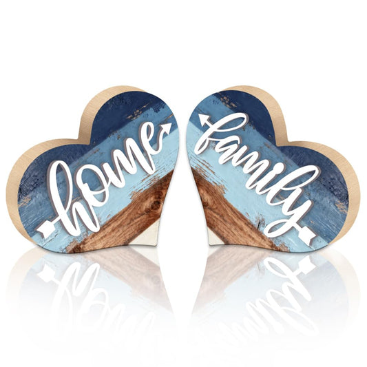 DOODLREAM 1 Pair Wooden Hearts Table Decor, Home Family 6.2 x 5.9 x 0.47 inch Wooden Sign for Desk, Rustic Blue Centerpiece Tabletop Decorations for Home, Wood Desk Sign