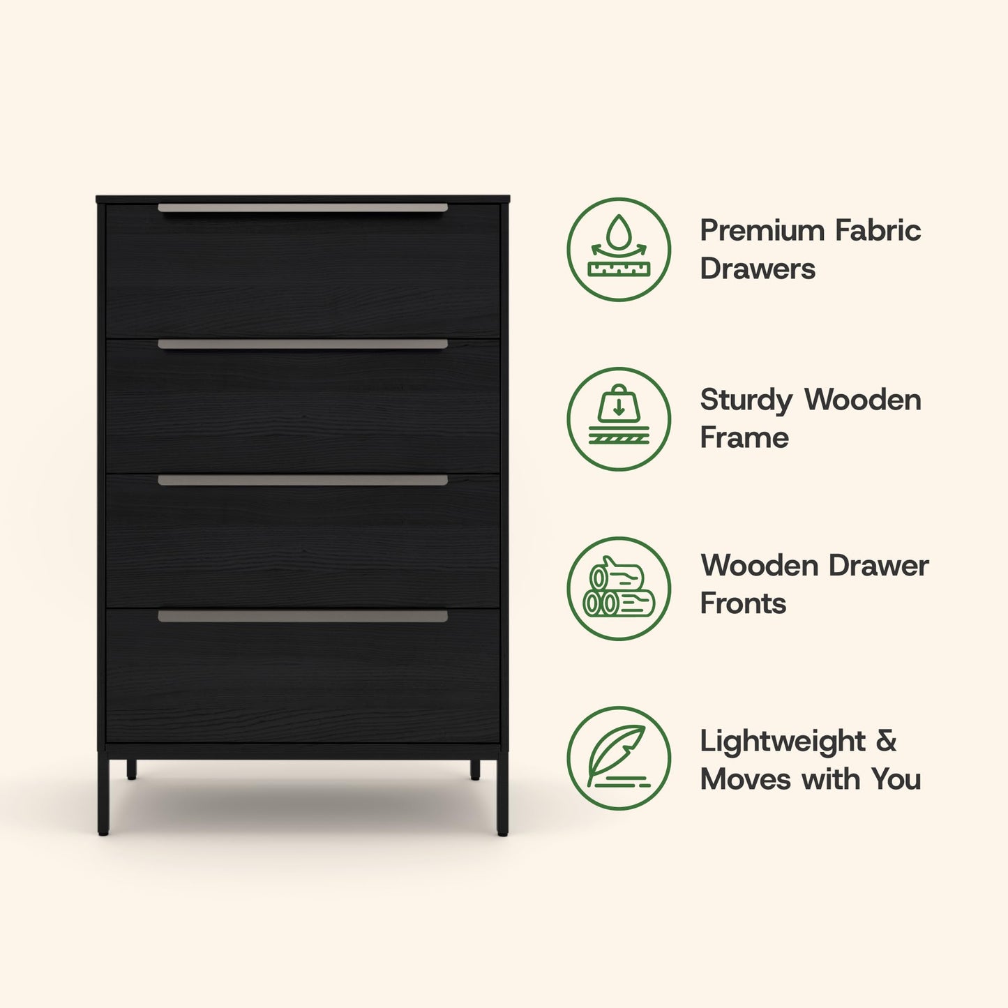 tinge Lira Premium 4 Drawer Fabric Dresser - Engineered Wood Frame Chest of Drawers for Bedroom - Strong & Sag-Proof Clothing Organizer with Sleek Metal Handles (Black)