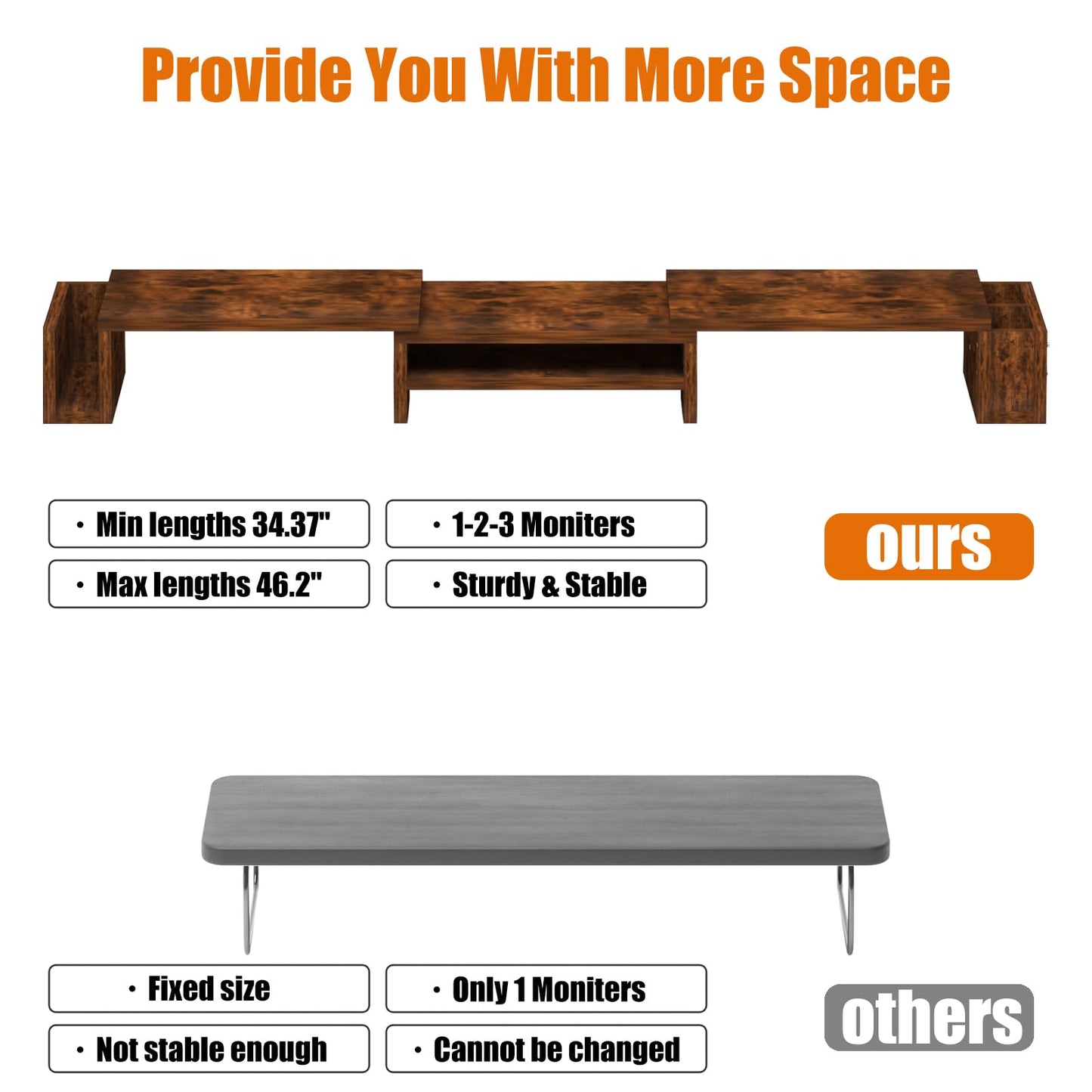 Wood Dual Monitor Stand Riser, Desk Organizers and Accessories with Storage Pen Holders, Adjustable Length and Angle 3 Shelf Extra Long 46" Desktop Organizer for 2 Monitors, Computer, Laptop, TV,Rustic Brown (Triple)