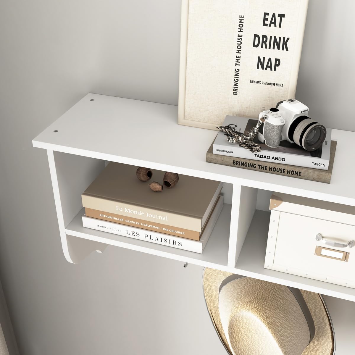 TUNGTAR 38.6inch Wall Mounted Entryway wooden Coat Rack with Storage Shelf 4 Dual Hooks Wooden Storage Living Room Wall Cabinet with 3 Cubbies Space Saving Hanging Shelf for Hats Bags Coats (White)