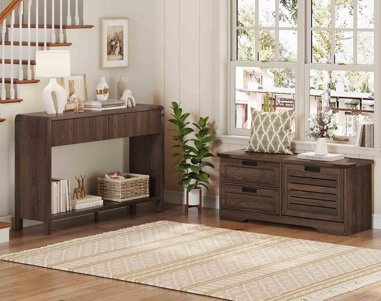 FATORRI Shoe Storage Bench and Console Table with 2 Drawers for Entryway, Living Room (Dark Walnut)